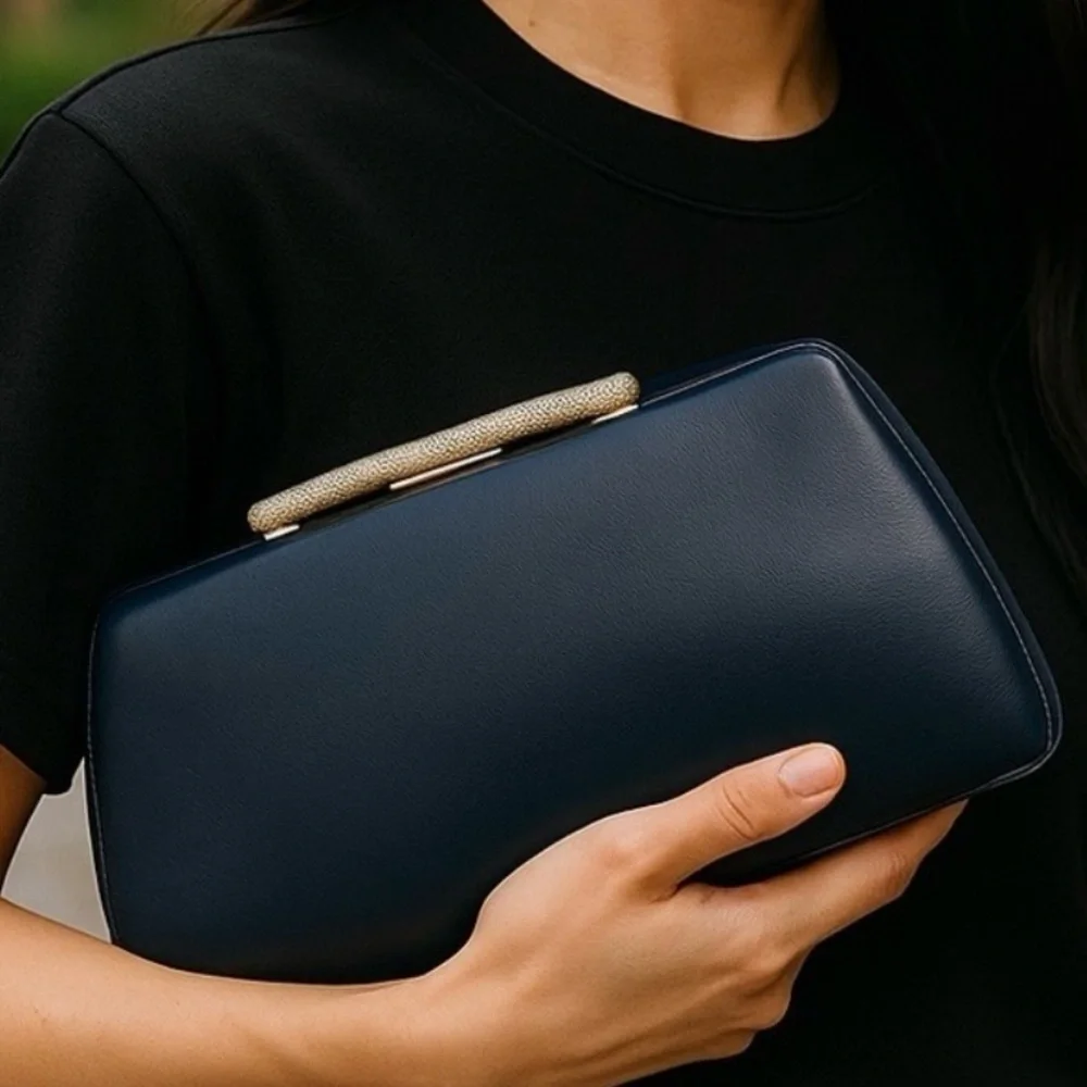 Vintage 50’s-60’s Navy Blue Trapezoid Dorris Day Clutch With Gold Hardware